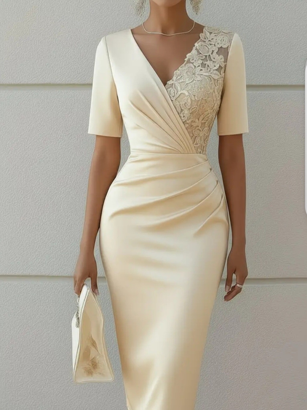 Elegant Cream Lace-Accent Sheath Dress